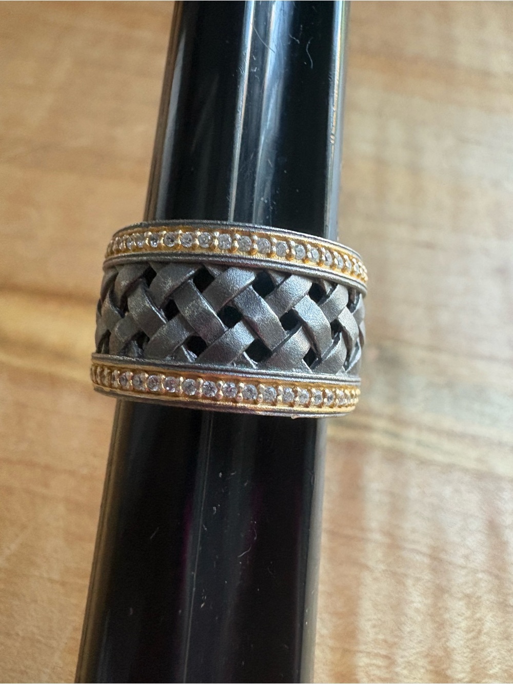 Freida Rothman Two-Tone Braided Band Ring w/ CZ - Black Gold Over 925 Sterling 7